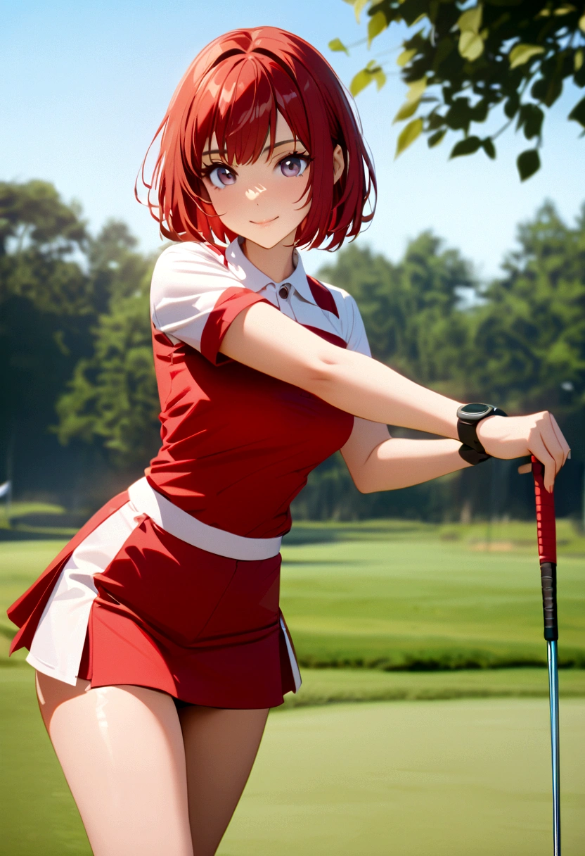 sound high resolution 8k beauty Woman playing golf Golf course Beautiful woman Bobcut Red hair Golf Wear mini skirt smile looking at the camera nice shot