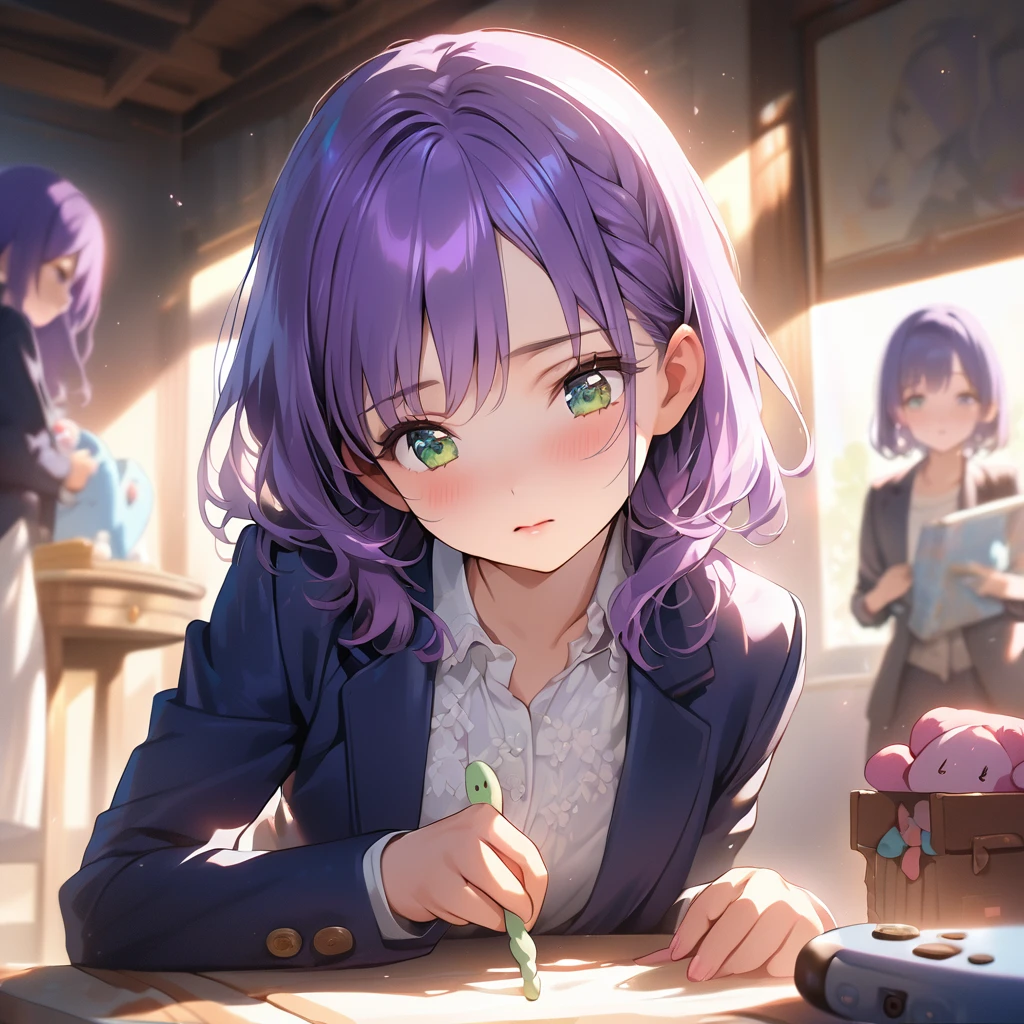 (Cute a girl:1.5), (masterpiece:1.3), anime visual,Women's navy blue business suit, blouse, blue-purple hair, braided, hair, green-eyed girl, (Lovey-dovey:1.5), (tilt head:1.3), extremely delicate face, soft clean focus, realistic lighting and shading, (an extremely delicate and beautiful art:1.3),she has a confused look on her face, a computer in her right hand and a girl's doll in her left hand, and a game console and books are lying at her feet,