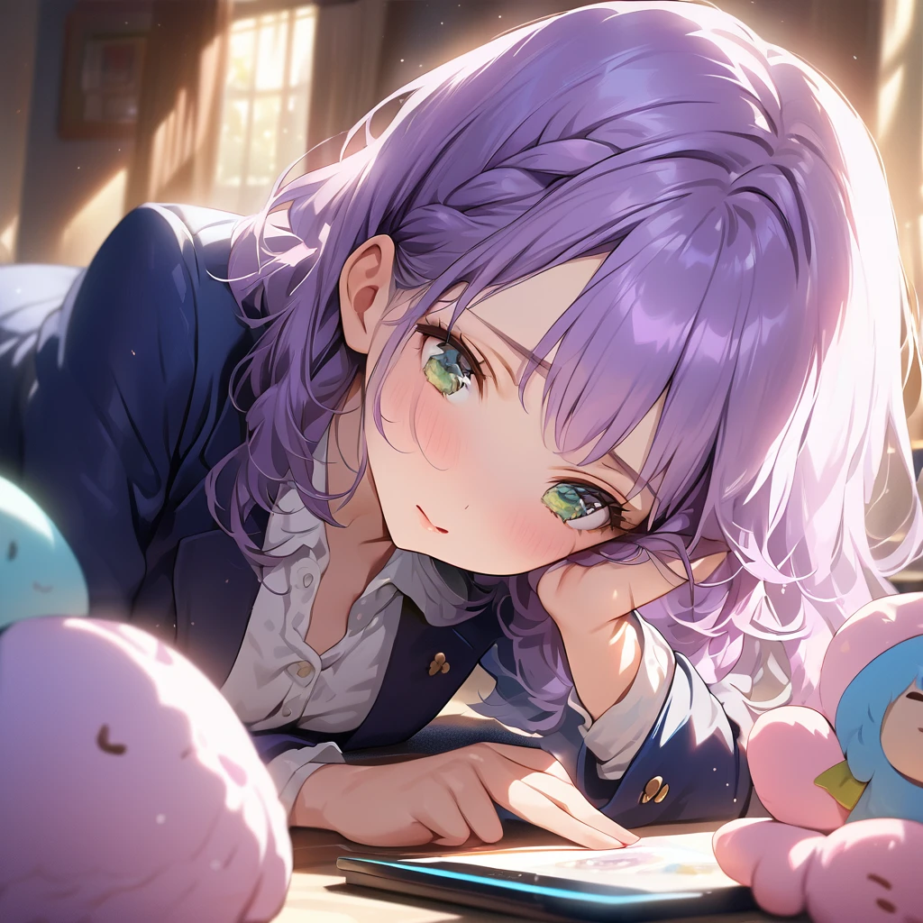 (Cute a girl:1.5), (masterpiece:1.3), anime visual,Women's navy blue business suit, blouse, blue-purple hair, braided, hair, green-eyed girl, (Lovey-dovey:1.5), (tilt head:1.3), extremely delicate face, soft clean focus, realistic lighting and shading, (an extremely delicate and beautiful art:1.3),she has a confused look on her face, a computer in her right hand and a girl's doll in her left hand, and a game console and books are lying at her feet,