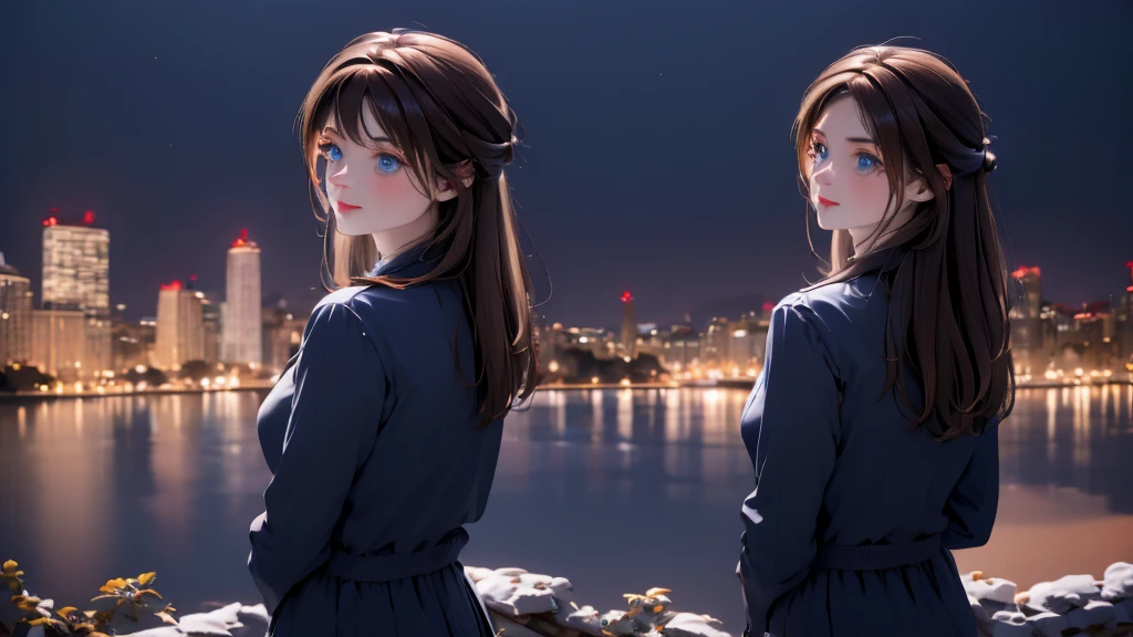 1 girl, medium light brown hair, light blue eyes, wearing black suit, night city, absurdres, high res, ultrasharp, 8K, masterpiece, looking from behind