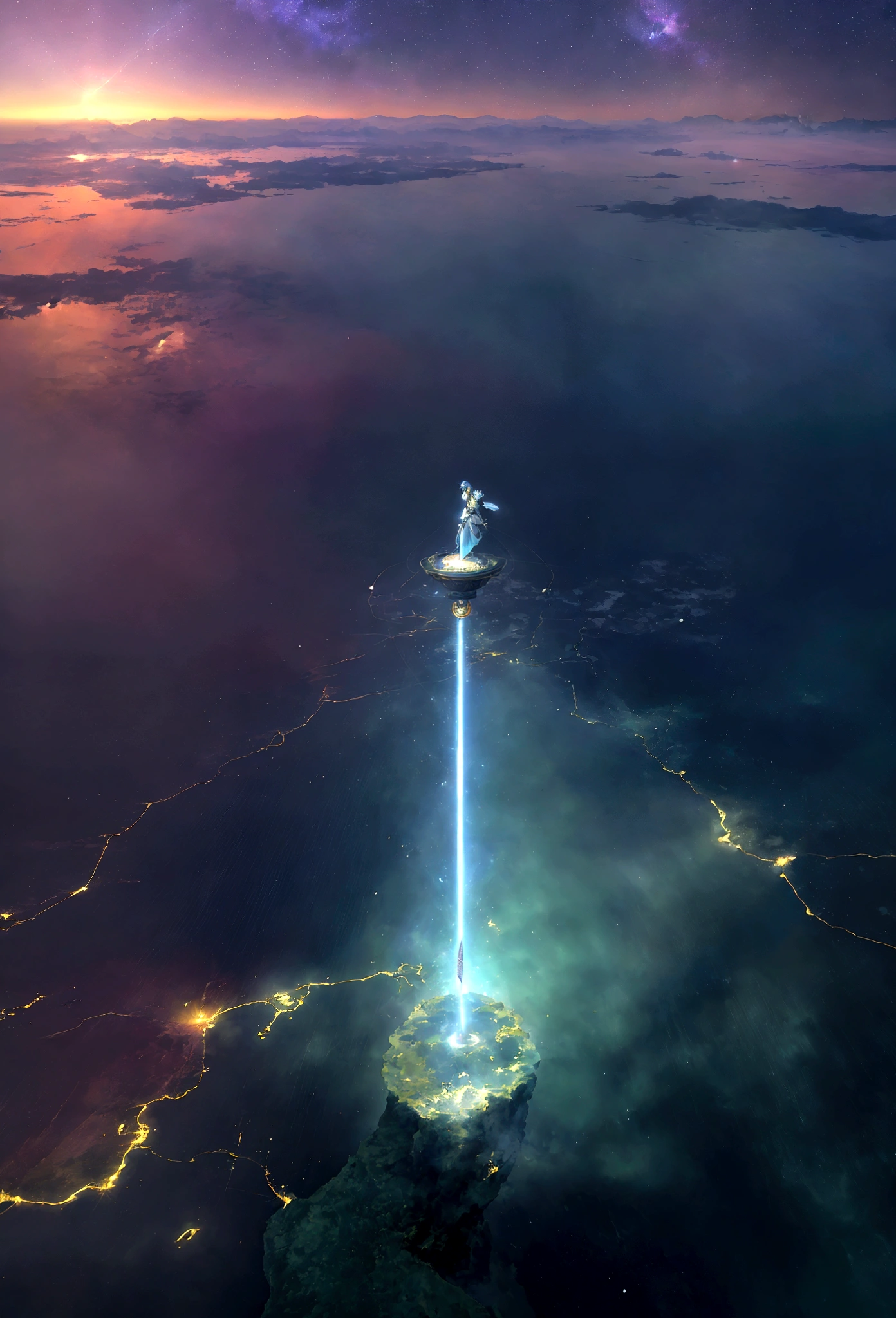 (8k, highest quality, masterpiece, final fantasy style: 1.2), (unRealistic, photoRealistic: 1.37), (one mage lady standing on lake side, huge bouncing bust, with sword with fire, Her sword shines into the heavens:1.1), Dreamy landscape, Fantasy, Unsurreal landscapes, Super detailed, Flying medieval castle, Floating Island in the Sky, Seven-colored swirl of light, (流星のMr.に空を舞う光り輝く尾の長い小鳥:1.3), Aurora, Intense lightning, milky way, Complex Light, Mr.々Colored light, Large Lake, Starry sky reflected on the lake surface, Countless shining stars, Meteors, Many meteors, Aura of, (A pillar of light emanated from the ground:1,2), 複雑な文Mr.の魔法陣,