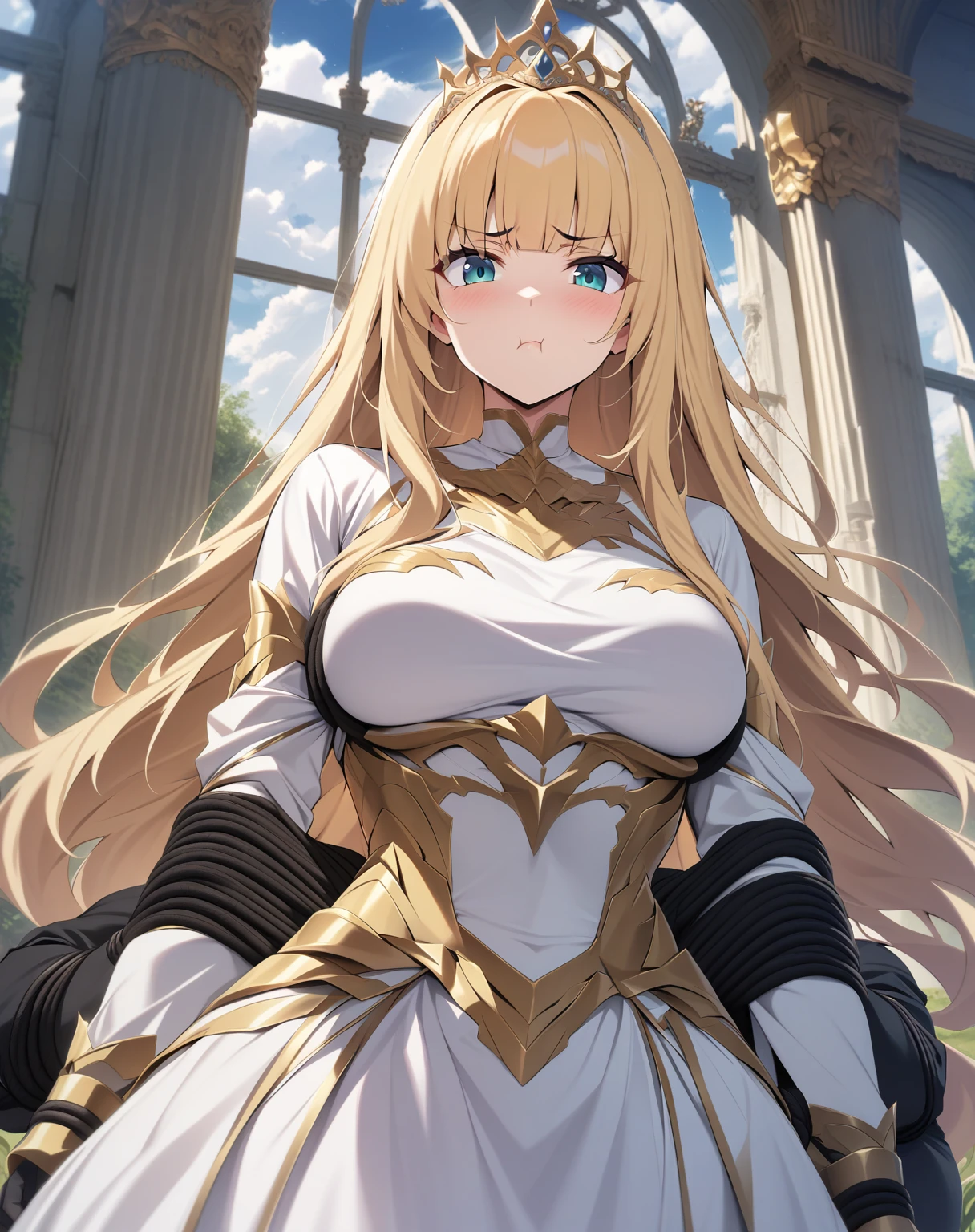 {{upper body, dutch angle}} {{Artist: moisture_(chichi)}} 1 woman, 2 guards on either side restraining her, 2 men wearing armor, mature female, elegant, princess, medium breasts, straight hair, golden hair, long hair, hime cut, green eyes, white dress, gold trim, tiara, looking at viewer, pout, restrained by two men, faceless male, outdoors, garden, palace, cloudy, moonlight, window.
