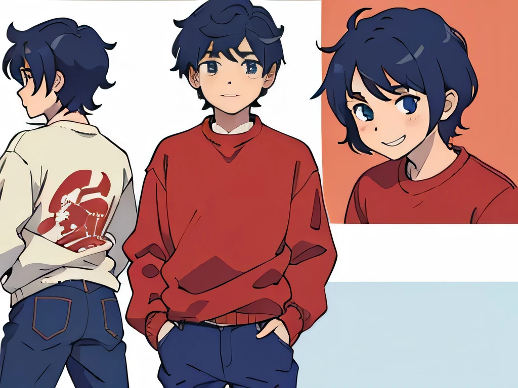 Perfect anime illustration, of a boy having short messy hairs, cute, wearing a red sweater and blue jeans, standing straight, posing for a picture, lightly smiling, anime