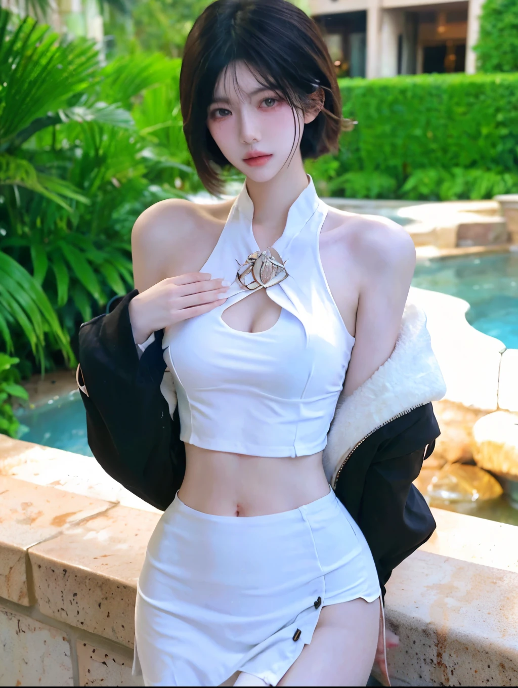 Beautiful woman with perfect figure：1.4，Layered hairstyle，Snow White，White skin，Prominent cleavage，Bikini：1.5，Super short pleated skirt，whole body，Very delicate facial and skin texture，Double eyelids，Skin Whitening，Long white hair