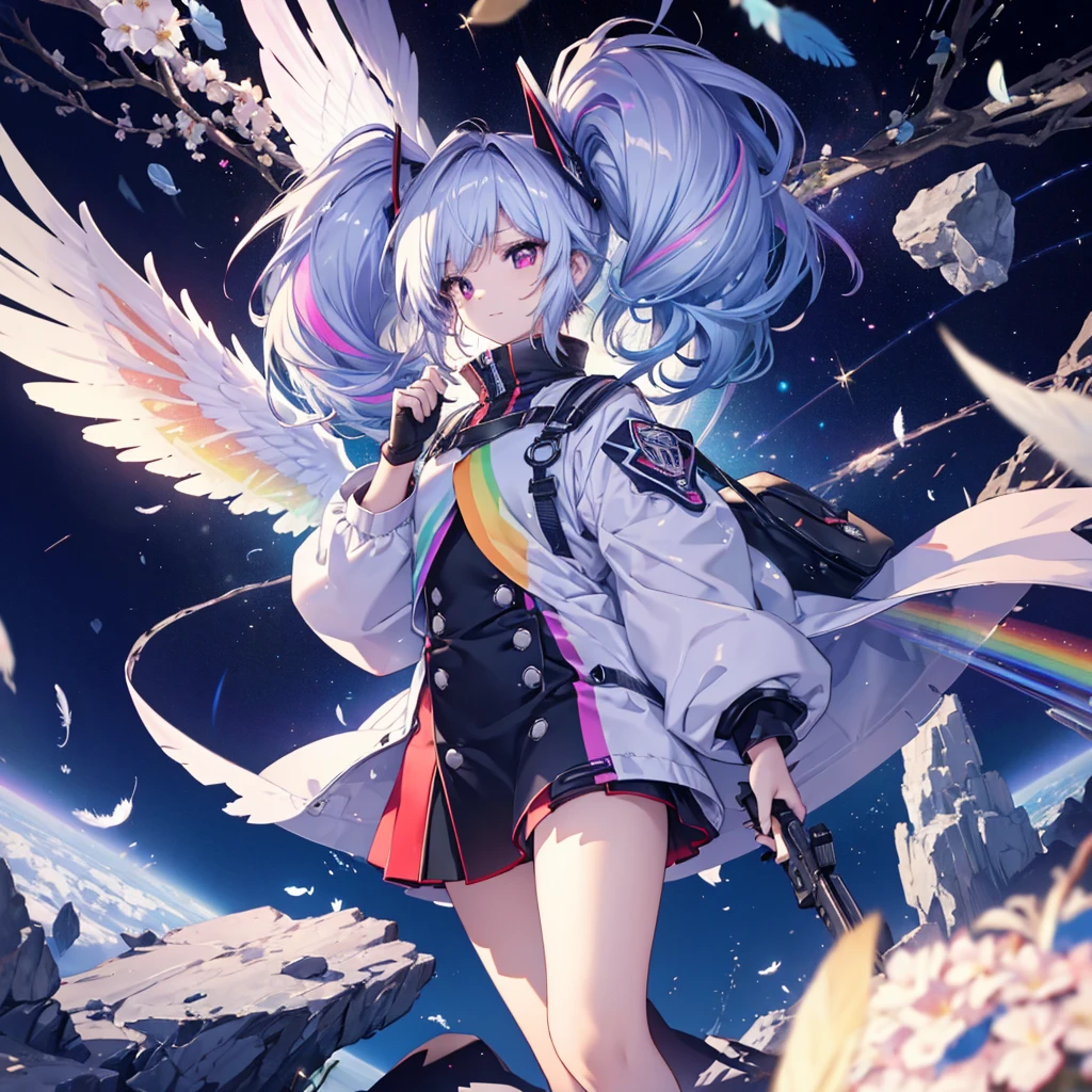 ((Archangel Fantasy Rainbow Hair Make your hair rainbow-colored on the inside Twin tails Dull red eyes Have a weapon uniform Put on a coat without putting your arms through it Wings many times larger than mine rainbow gradient feathers Lonely Smiling Kindly front)) ((tears gloves)) (Broken glass Rolling Pebbles Distorted Space-Time star) Catch the wind milky way Shining Background Particles of light, rainbow colored edges Shining Edge star