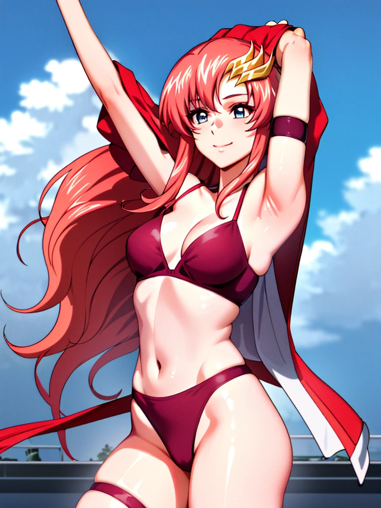 lacus4, (red bikini, running, thong, tall girl, masterpiece, cowboy shot, very slim shoulders, 4K, Best Quality, Anime style: 1.9, happy, Adult Woman, (ultra detailed head), (Crowd, cloud background), Drawing lines, high resolution, lacus4), 1girl, Solo, curvy figure, clavicle, scapular, (Detailed wide hair bangs, very long hair, Hair Ornament, Detailed reddish-pink hair, shiny streaks, slim arms, detailed golden crest), cleavage, large hands, (hair cover shoulders). (Big blue eyes, shiny eyes), ((female wrestler, (slim body), slim arms, thighs)), ((perfect proportions, medium-small breasts, medium thighs, long belly)), ((totally red bra, leg strap)), smile with a wink, (standing, hot colors), detailed fingers, (bare shoulder, stretching, one arm up, looking away)
