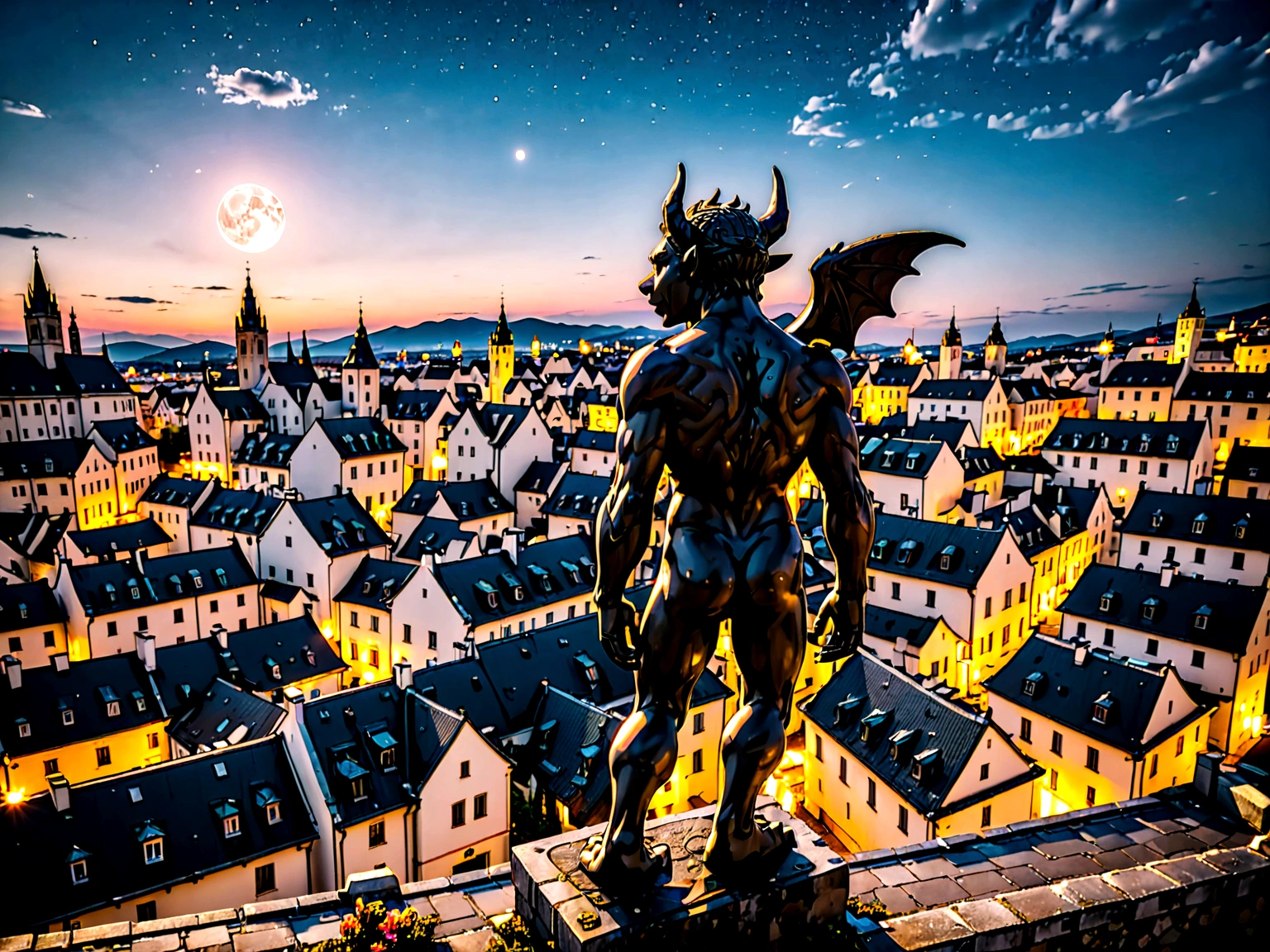 a view of fantasy medieval city, taken from the top of church of, ((the shot taken behind a statue of a gargoyle on the roof: 1.5)), 16K, ultra detailed, masterpiece, best quality, (extremely detailed), arafed, dnd art, night time, stars, moon, cinematic lighting, glowing light, silhouette, from outside, photorealism, panoramic view (Masterpiece, intense details: 1.5) , Wide-Angle, Ultra-Wide Angle, aetherpunkai