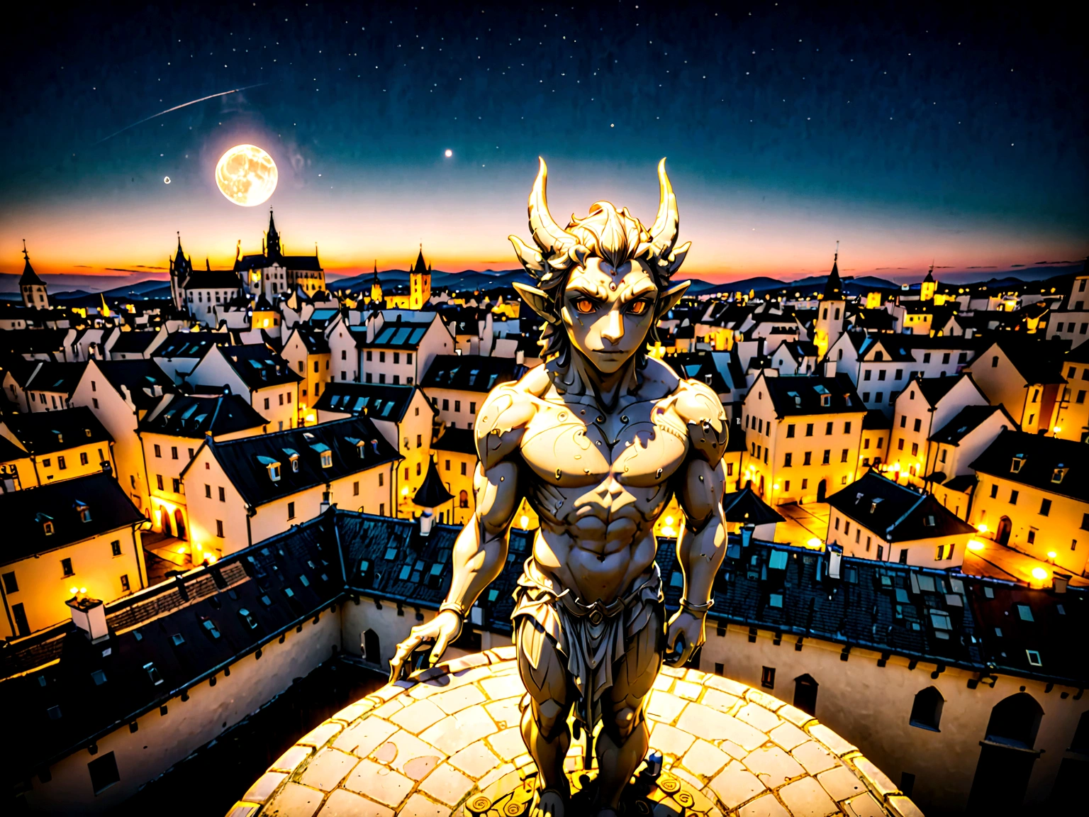 a view of fantasy medieval city, taken from the top of church of, ((the shot taken behind a statue of a gargoyle on the roof: 1.5)), 16K, ultra detailed, masterpiece, best quality, (extremely detailed), arafed, dnd art, night time, stars, moon, cinematic lighting, glowing light, silhouette, from outside, photorealism, panoramic view (Masterpiece, intense details: 1.5) , Wide-Angle, Ultra-Wide Angle, aetherpunkai