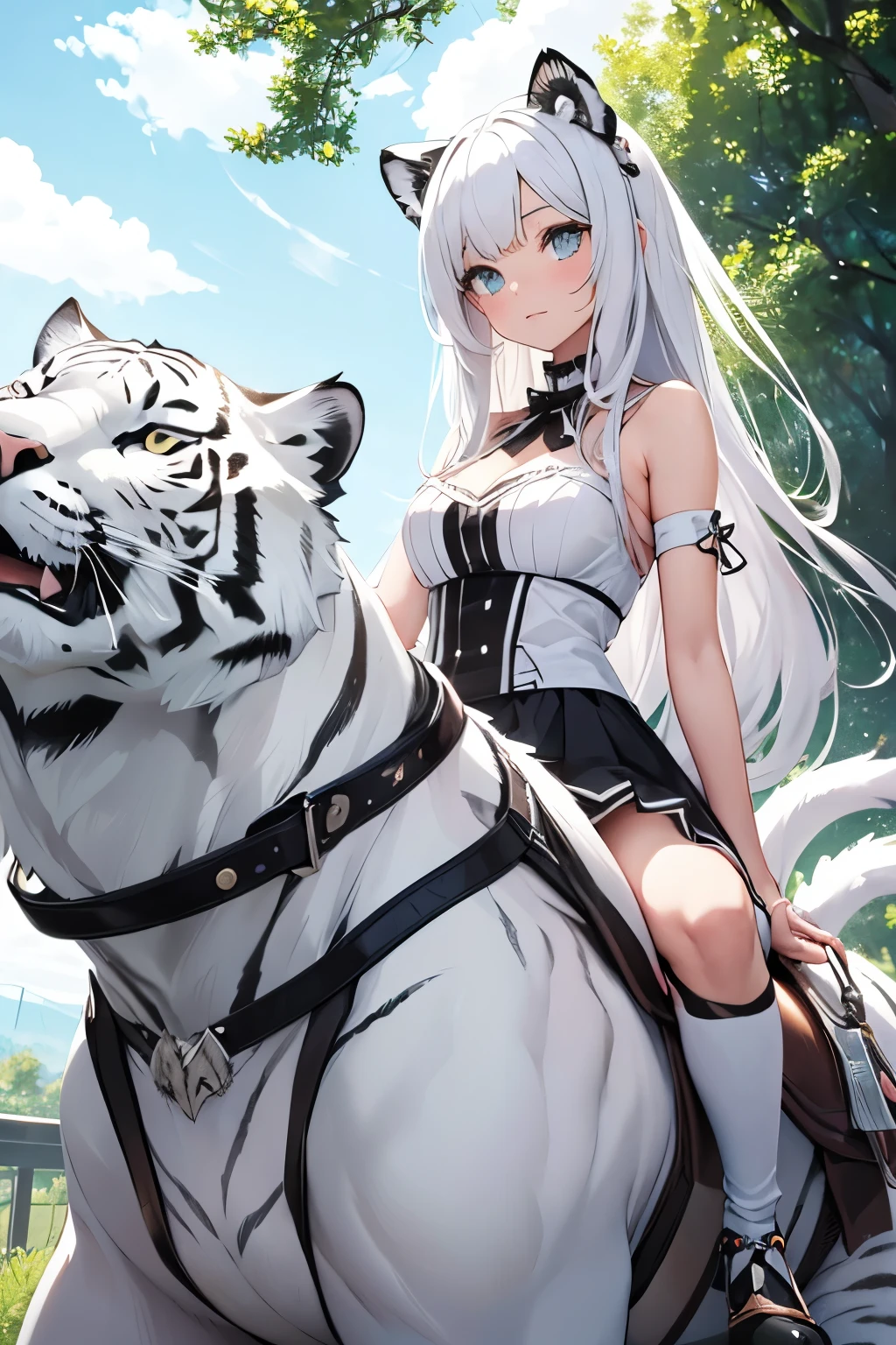 A beautiful girl with cat ears is riding a big white tiger