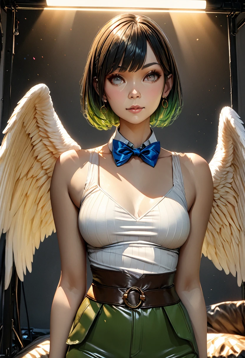 1girl, short blonde hair, pixie cut, white crop top, green pants, leather belt across waist, golden ring earrings, medium breasts, slim waist, medium hips, green eyes, (((angel wings with color transition from yellow to green))), (((large blue bowtie))), best quality, 4k, 8k, highres, masterpiece:1.2, ultra-detailed, realistic, photorealistic, photo-realistic:1.37, HDR, UHD, studio lighting, ultra-fine painting, sharp focus, physically-based rendering, extreme detail description, professional, vivid colors, bokeh