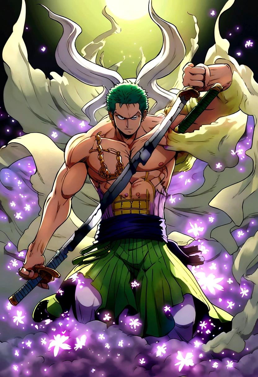anime character with green hair holding three sword in front of a full moon, two in his hand and one in his mouth, roronoa zoro, from one piece, one piece artstyle, official art, advanced digital anime art ”, muscular! green, best anime character design, ohararyu, anime masterpiece, green colored skin!!, kentaro miura manga art style, full colored, anime wallaper
