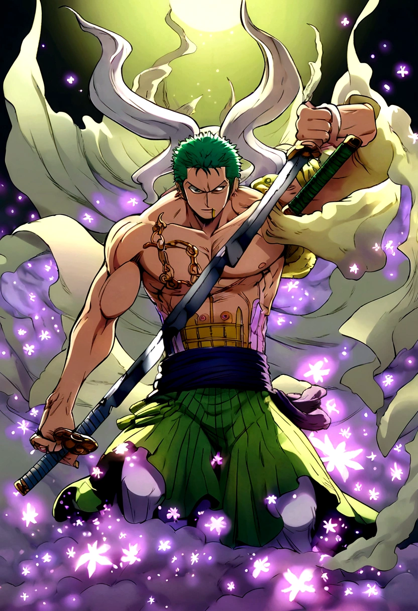 anime character with green hair holding three sword in front of a full moon, two in his hand and one in his mouth, roronoa zoro, from one piece, one piece artstyle, official art, advanced digital anime art ”, muscular! green, best anime character design, ohararyu, anime masterpiece, green colored skin!!, kentaro miura manga art style, full colored, anime wallaper