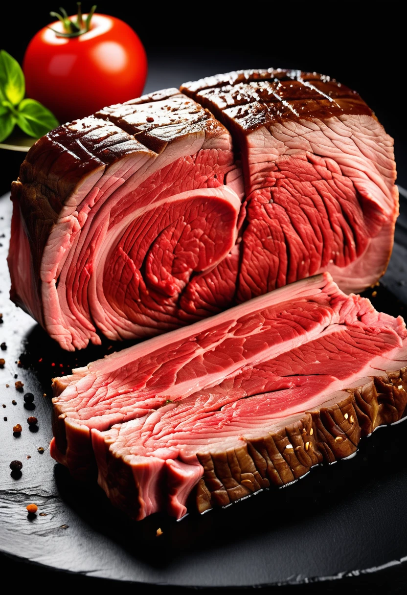 A large cut of beef，Smoky，The outer surface is dark black，Cut surface is red，Have an appetite，Textured，High realism