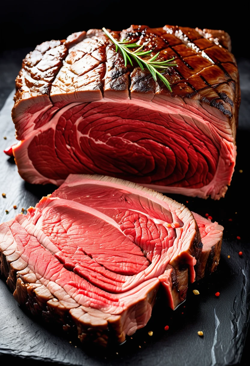 A large cut of beef,Smoky,The outer surface is dark black,Cut surface is red,Have an appetite,Textured,High realism