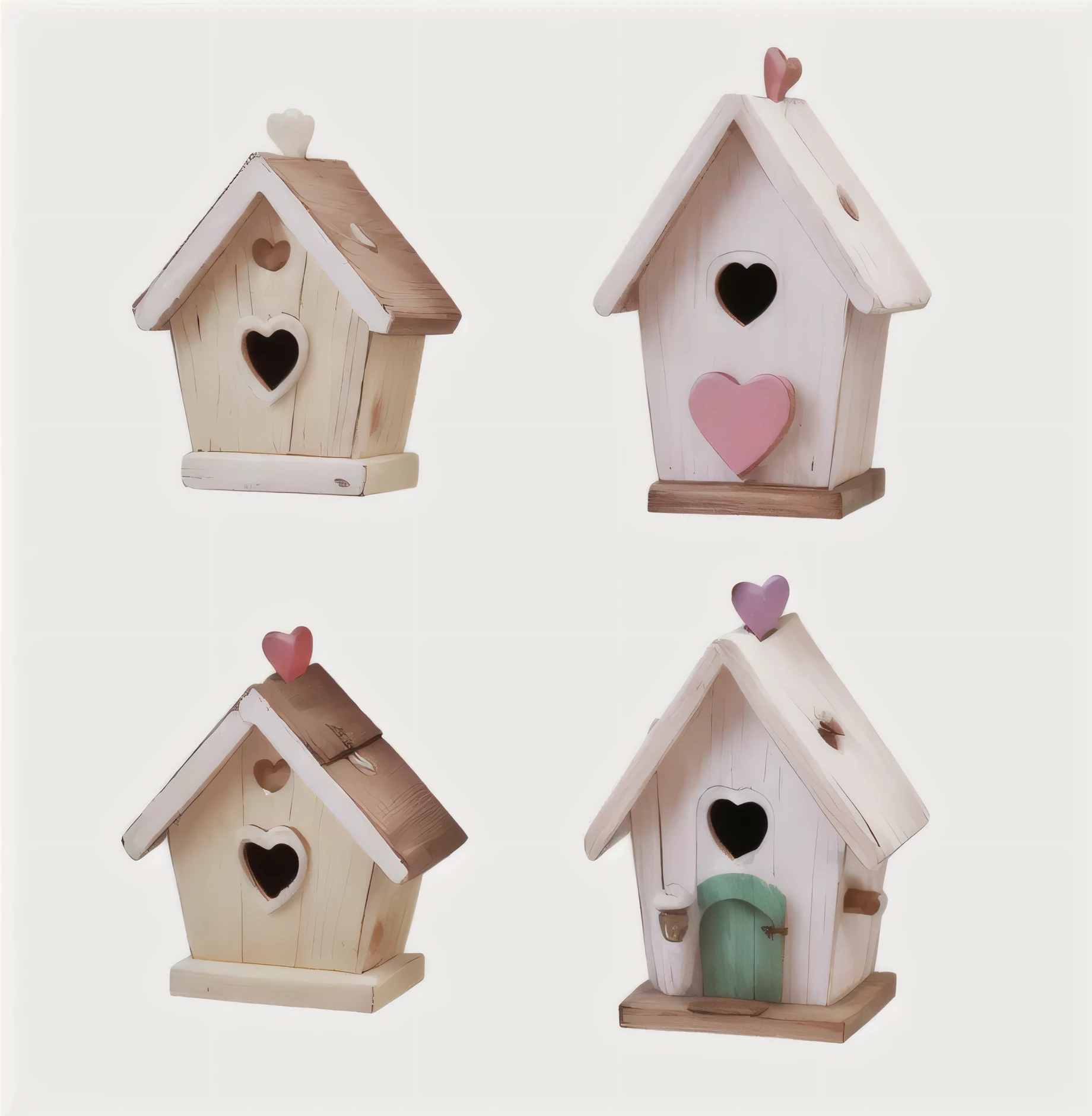 four wooden birdhouses with hearts on them are shown against a white background, small  wooden houses, cottages, sweet home, little heart windows,adorable design, vivid colors