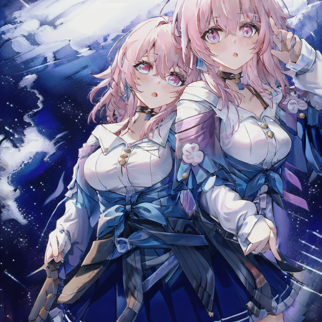 1girl, bangs, bare shoulders,gradient eyes, pink eyes,aqua eyes, blush, breasts, choker, collarbone, garter straps, hair between eyes, jacket, jewelry, long sleeves,  medium breasts, off shoulder, open jacket, pink hair, pleated skirt, shirt, skirt, solo, (walking), white shirt ,outdoors,night,dstarry night,full moon,outdoors,park, chubby, large belly, (big belly:1.4), round belly, shocked, open mouth, her belly swelling, (hands behind head:1.4), (solo:1.5), swollen belly, midriff, navel