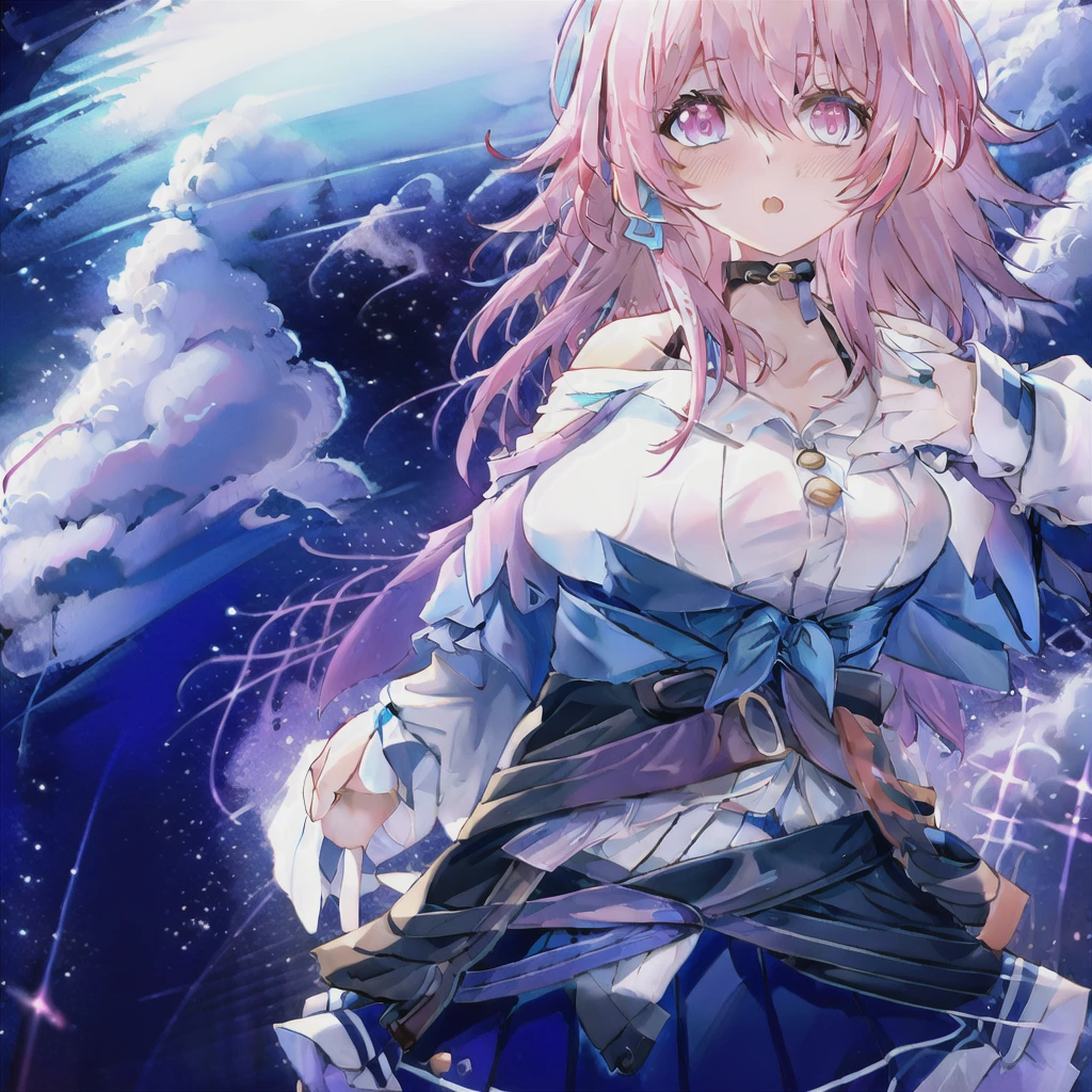 1girl, bangs, bare shoulders,gradient eyes, pink eyes,aqua eyes, blush, breasts, choker, collarbone, garter straps, hair between eyes, jacket, jewelry, long sleeves,  medium breasts, off shoulder, open jacket, pink hair, pleated skirt, shirt, skirt, solo, (walking), white shirt ,outdoors,night,dstarry night,full moon,outdoors,park, chubby, large belly, (big belly:1.4), round belly, shocked, open mouth, her belly swelling, (hands behind head:1.4), (solo:1.5), swollen belly, midriff, navel