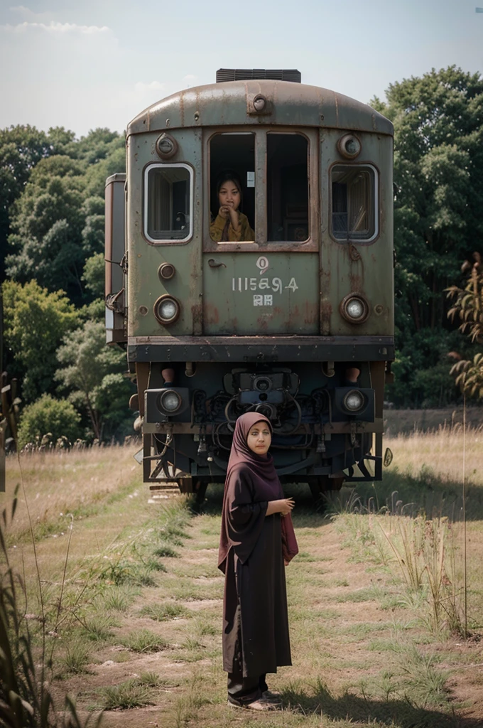 ultrawide shoot photography, a Korean man with curly hair stands with a woman wearing a hijab, they are seen enjoying the calm breeze in a field with tall grass, behind you can see an abandoned train carriage from a distance, professional photography, wearing ... ... .......interesting compositions, photo shoots, promo shots, illusions, long shots, faces facing the camera.