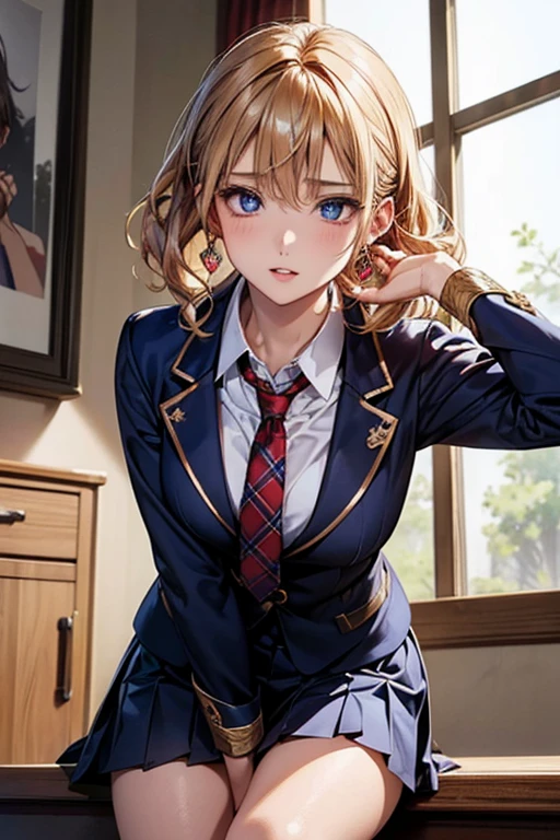 #Basics A girl is posing for a photo, animeのかわいい女の子, (((One Girl, , 16 years AK
#Clothing Accessories
((Navy blue with red trim)blazer + White collared shirt + (White check pattern on red)Pleated skirt + Red tie + Navy blue knee socks + Black Loafers),
((Golden hoop earrings)),
BREAK
#Features
(Blonde:1.4, Chest-length sideburns, Twin tails : Hair blowing in the wind + Short Hair + Curly hair + Red scrunchie),
(Droopy eyes,blue eyes), (Small breasts),
BREAK
#expression
(Embarrassing, blush),
#background environment
((noon + classroom:1.4 + Window + Sunshine)),
#composition
(Sit on a desk:1.4, Face the viewer:1.4, from below:1.4, Dynamic Pose, Cowboy Shot:1.4),
BREAK
#Body parts elements
(Beautiful Hair,Shiny Hair),
(double eyelid, Long eyelashes),
(Expression of fine eyes, Beautiful and delicate eyes, Sparkling eyes, Eye Reflexes),
(Human Ear),
(Beautiful Nose, Thin Nose),
(Glossy lips, Beautiful Lips, Thick lips), (Symmetrical facial features),
(Detailed skin, Textured skin, Beautiful Skin),
BREAK
#Quality
(((highest quality)), ((masterpiece)), ((Very detailed))), ((High resolution), (16k,1080p)),
(Realistic), (Anatomically correct),
((comics, anime)), (3DCG), CG illustration,
