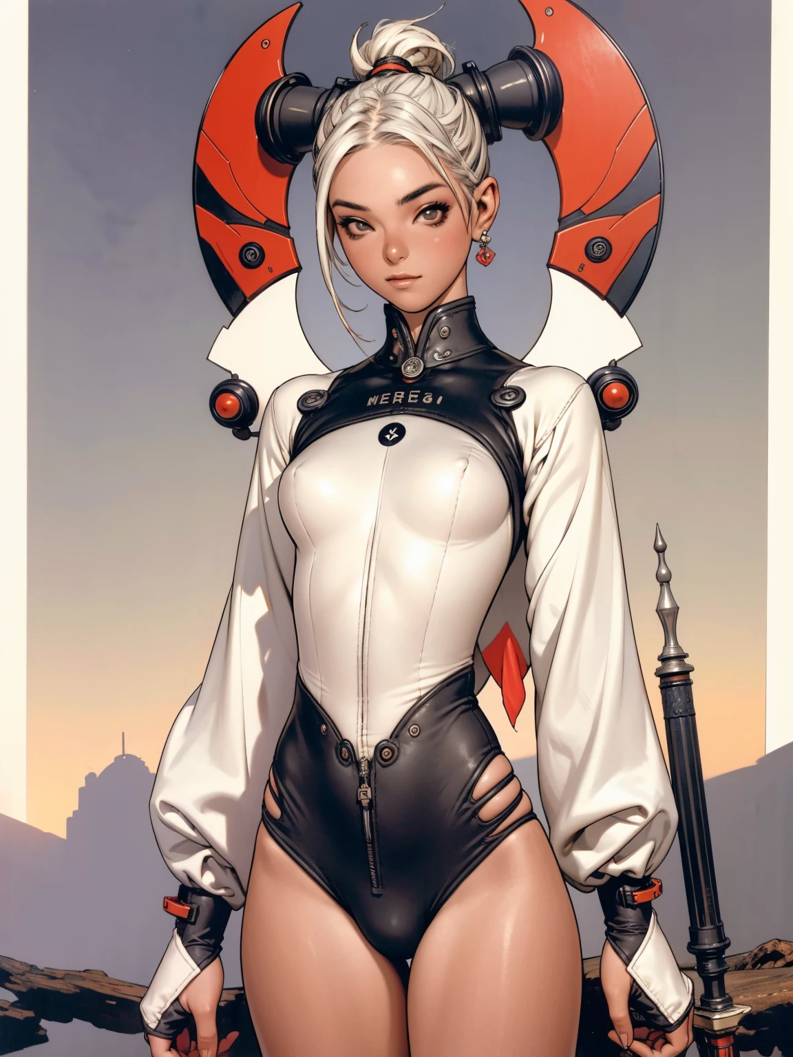 (((devilish smile))), (((melhor qualidade: 1.4))), (((full metal))), (((DuneWalker))), (((post-apocalypse))), (Unbeatable masterpiece), (hiper HD),(CG 8k hiper-realista), 1Garota armada em um mundo futurista, (((dunewalker))), (((white Bob haircut style))), Coronel Motoko, modern clothes with macrostructure composing her slender body with perfect proportions, hexagonal patterns, cabelo colorido, cyberpunk de atitude, pose ativa, mecanismos vivos, fundo parede grafitada, ((( girl))), (((melhor qualidade: 1.4))), (((short haircut))), (Unbeatable masterpiece), (hiper HD),(CG 8k hiper-realista), (((seios grandes))), (((hiper feminina))), sexy girl, black tattoo,(cabelo de cor escura) ((( corpo))), (((1 garota))), garota tatuada de 25 anos com corpo perfeito,,Rosto lindo e bem cuidado,muscular corpo:1.2,solid color detailed jacket, (Head to thigh photos), Equipamento complexo, verde escuro,long pants,Tight clothes are dark,With white stars and off-white stripes,,,,,Armor Metal Electronic Parts, Tatuagens de veneno ) INFO, garota, (((Sozinho))), pirralha Violento, (((14 a sexy, pose de atitude, obra de arte, post-apocalypse, (((manga style))), Bounty Hunter, Violento, Manic, cara de mau, corpo esguio, magra mas forte, corpo perfeito, roupa moderna, Advanced technology, Pleated mini skirt with checkered pattern in red and black, jaqueta tipo gola de pele, sleeves with vertical striped pattern, fundo neutro, (( tiro de vaqueiro )). visual intrincado