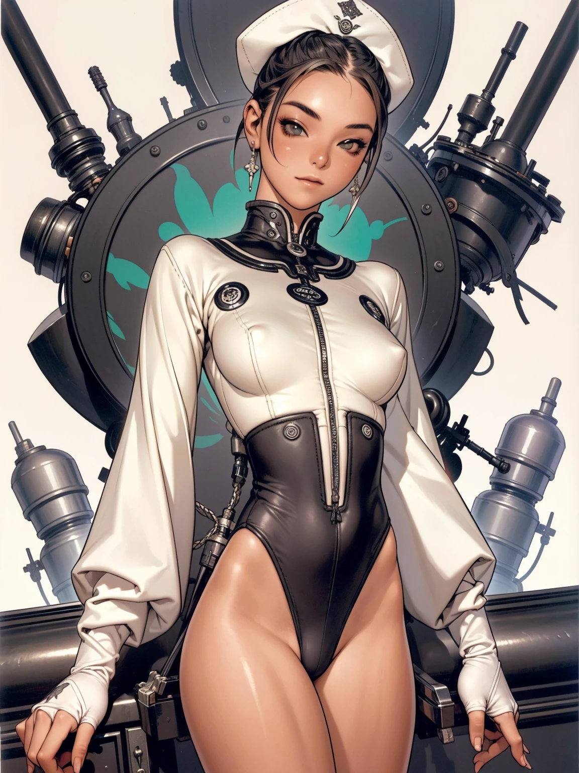 (((devilish smile))), (((melhor qualidade: 1.4))), (((full metal))), (((DuneWalker))), (((post-apocalypse))), (Unbeatable masterpiece), (hiper HD),(CG 8k hiper-realista), 1Garota armada em um mundo futurista, (((dunewalker))), (((white Bob haircut style))), Coronel Motoko, modern clothes with macrostructure composing her slender body with perfect proportions, hexagonal patterns, cabelo colorido, cyberpunk de atitude, pose ativa, mecanismos vivos, fundo parede grafitada, ((( girl))), (((melhor qualidade: 1.4))), (((short haircut))), (Unbeatable masterpiece), (hiper HD),(CG 8k hiper-realista), (((seios grandes))), (((hiper feminina))), sexy girl, black tattoo,(cabelo de cor escura) ((( corpo))), (((1 garota))), garota tatuada de 25 anos com corpo perfeito,,Rosto lindo e bem cuidado,muscular corpo:1.2,solid color detailed jacket, (Head to thigh photos), Equipamento complexo, verde escuro,long pants,Tight clothes are dark,With white stars and off-white stripes,,,,,Armor Metal Electronic Parts, Tatuagens de veneno ) INFO, garota, (((Sozinho))), pirralha Violento, (((14 a sexy, pose de atitude, obra de arte, post-apocalypse, (((manga style))), Bounty Hunter, Violento, Manic, cara de mau, corpo esguio, magra mas forte, corpo perfeito, roupa moderna, Advanced technology, Pleated mini skirt with checkered pattern in red and black, jaqueta tipo gola de pele, sleeves with vertical striped pattern, fundo neutro, (( tiro de vaqueiro )). visual intrincado