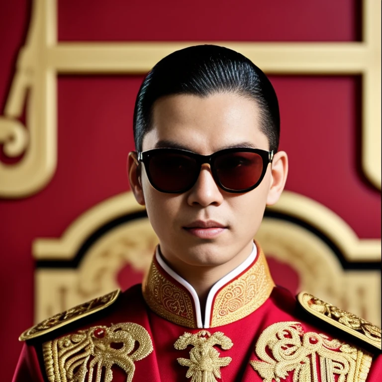 Araffe was dressed in a red and gold uniform and sunglasses., Order of Akira, According to the style of paying homage to the family, Inspiration from Ding Guan Peng, Inspired by Ding Yunpeng, Godfather Khan, emperor, Inspired by Guo Xi, in the style of sifu ปรมาจารย์, Like Andy Lau., in the form of a call price