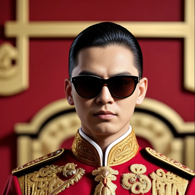 Araffe was dressed in a red and gold uniform and sunglasses., Order of Akira, According to the style of paying homage to the family, Inspiration from Ding Guan Peng, Inspired by Ding Yunpeng, Godfather Khan, emperor, Inspired by Guo Xi, in the style of sifu ปรมาจารย์, Like Andy Lau., in the form of a call price