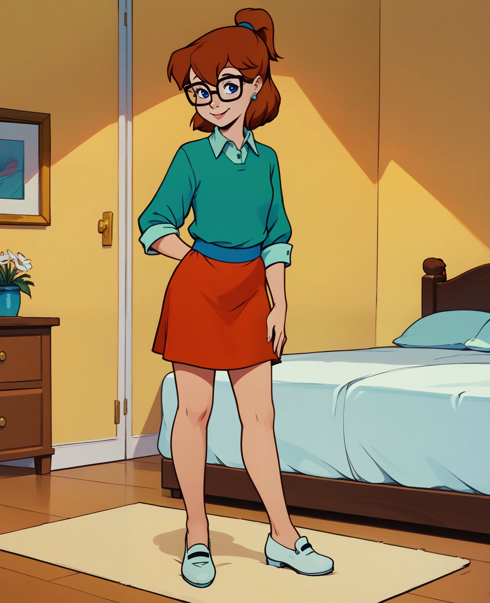 score_8, score_9, jenny, 1 woman, adult female , mature woman body, solo, brown hair, long ponytail, long legs, blue eyes, earrings, standing, in bedroom, smile, green shirt, red skirt, glasses, 