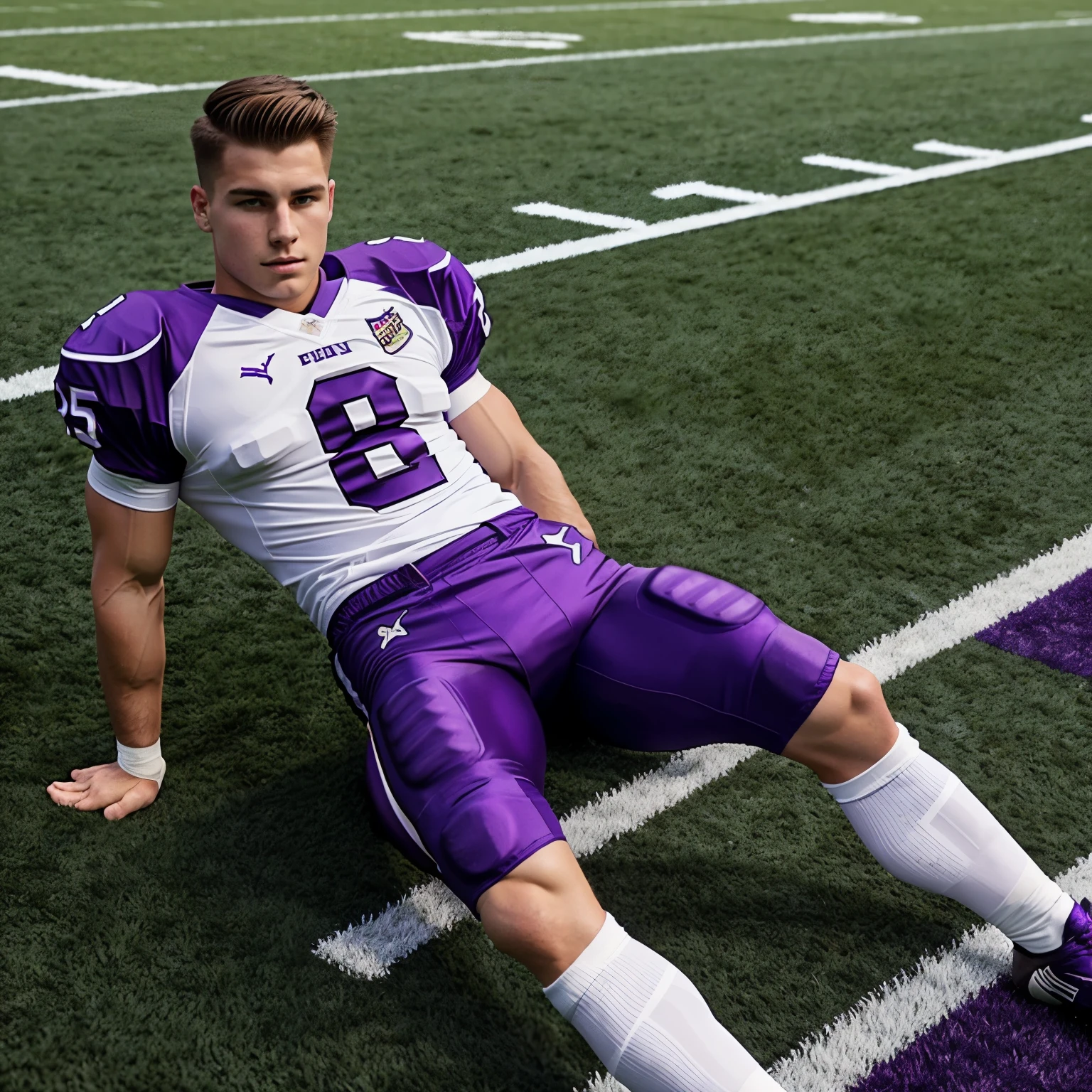 full body full view, on a football field, a young white footballer muscular male with undercut light brown hair, purple shiny nylon football tight outfit, purple socks and purple cleats, handcuffed and has his tight end groped