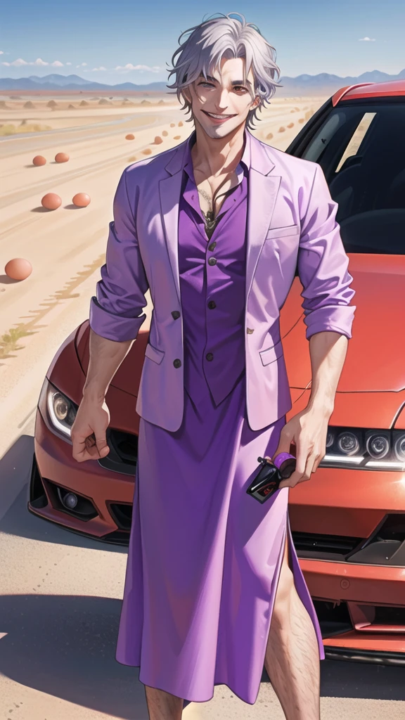 Portrait of a man in his 40s、standing、silver hair、the joker、purple dress , smile , Long body、 、desert background、(holding eggs:1.1) , (drive a car:1.5)