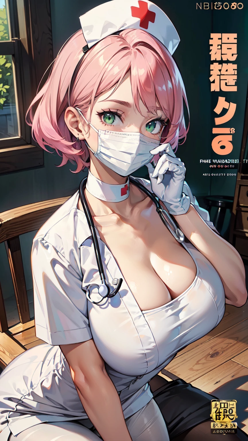 1 female, Solitary, Nurse, white Nurse cap, white Nurse uniform, ((white pantyhose, Absolutely great opportunity)), White gloves, Pink Hair, Green Eyes, Drooping eyes, ((White medical mask, Cover your nose)), permanent, ((Ward)), Clear outline, Short sleeve, Become a, 32 years old, best quality, masterpiece(best quality, 8K, high resolution, masterpiece:1.2),(best quality, 8K, high resolution, masterpiece:1.2),、Huge Breasts（2.0）(best quality, 8K, high resolution, masterpiece:1.2),Exposing nipples（10.0）