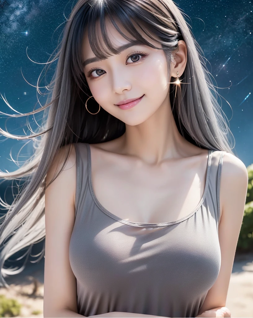 (highest quality, 32k, High resolution, Masterpiece:1.5, ), marimo_jet, Concept Art, Arousing pleasant enjoyment and curiosity, Expressing emotions, Have a rich imagination, Beautiful Japanese Women, An exceptionally beautiful face, Small Face Beauty, Perfect Human Anatomy, Magical big eyes, Motherhood and generosity, Deep Love, fleeting smile:1.1, Shiny black hair, Super Long Straight Silk Hair, Asymmetrical bangs, Hair between the eyes, Transparent, soft white skin, Sharp eyebrows, Thin lashes, ((Natural Makeup:1.1)), Cheek highlighter, Pale pink detailed lips, ((Grey tank top:1.3)), High resolutionの完璧な鎖骨, High resolutionの美しい胸元, Slim figure with ample breasts, High resolutionの美しい太もも, ((Beautiful sparkling starry sky background:1.2)), Professional Lighting, Professional photographer, Professional models, mysterious