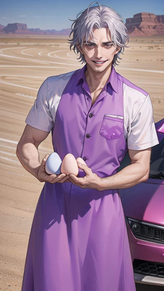 Portrait of a man in his 40s、standing、silver hair、the joker、purple dress , smile , Long body、 、desert background、(holding eggs:1.1) , (drive a car:1.5)