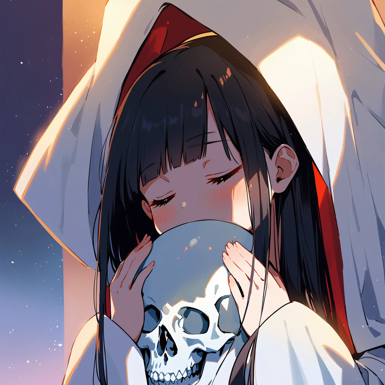 1girl、Black hair, long hair、white kimono,wedding,wataboushi,uchikake,standing,white hood,、shiromuku、 skull, cheeks to skull, evening,faint light、deep shadows、