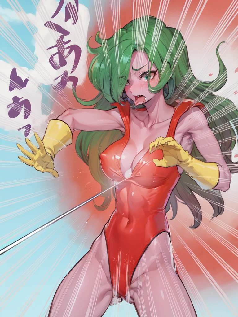 Female Combatant、Green haired Japanese girl、Close-up of a girl in a red leotard、Red shiny leotard、Black fishnet stockings、Black boots、Saiyan Girl, wonderful, Nano Girl, Female body type, Inspired by Hiromu Arakawa, Anime Manga Robot!! Anime Girls, Fubuki, Full Body Suit, by Hiromu Arakawa、wonderful, silk, Beautiful and attractive anime , Anime Girls of the future, tears,Drooling,Pee,Sweat,Tongue out,incontinence,Peeing、Estrus、Eyes wide open,Estrus,Blushing,Nipples are erect,Face is hot、Lust、incontinence、Armpit Hair、pubic hair、Nipples are erect、My crotch is wet、Stabbed with a sword