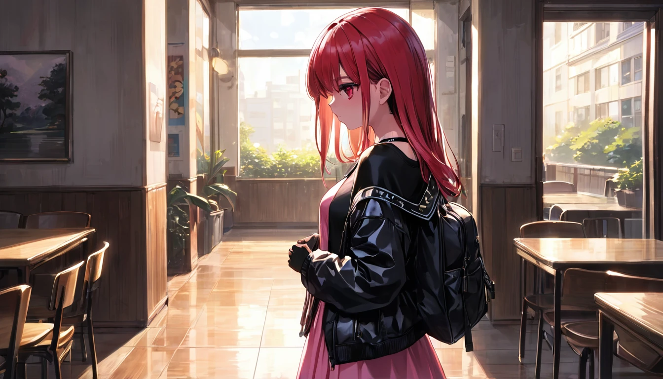 beautiful, masterpiece, highest quality, Highly detailed face,  Perfect lighting, One girl, alone, sketch, Marnie (Pokemon), Green Eyes, Asymmetrical bangs, Backpack, bag, black choker, black Jacket, Blurred, Blurred background, choker, Mouth closed, dress, From behind, indoor, Jacket, Long sleeve, View Viewer, Recall, Off the shoulder, pink dress, red bag, alone