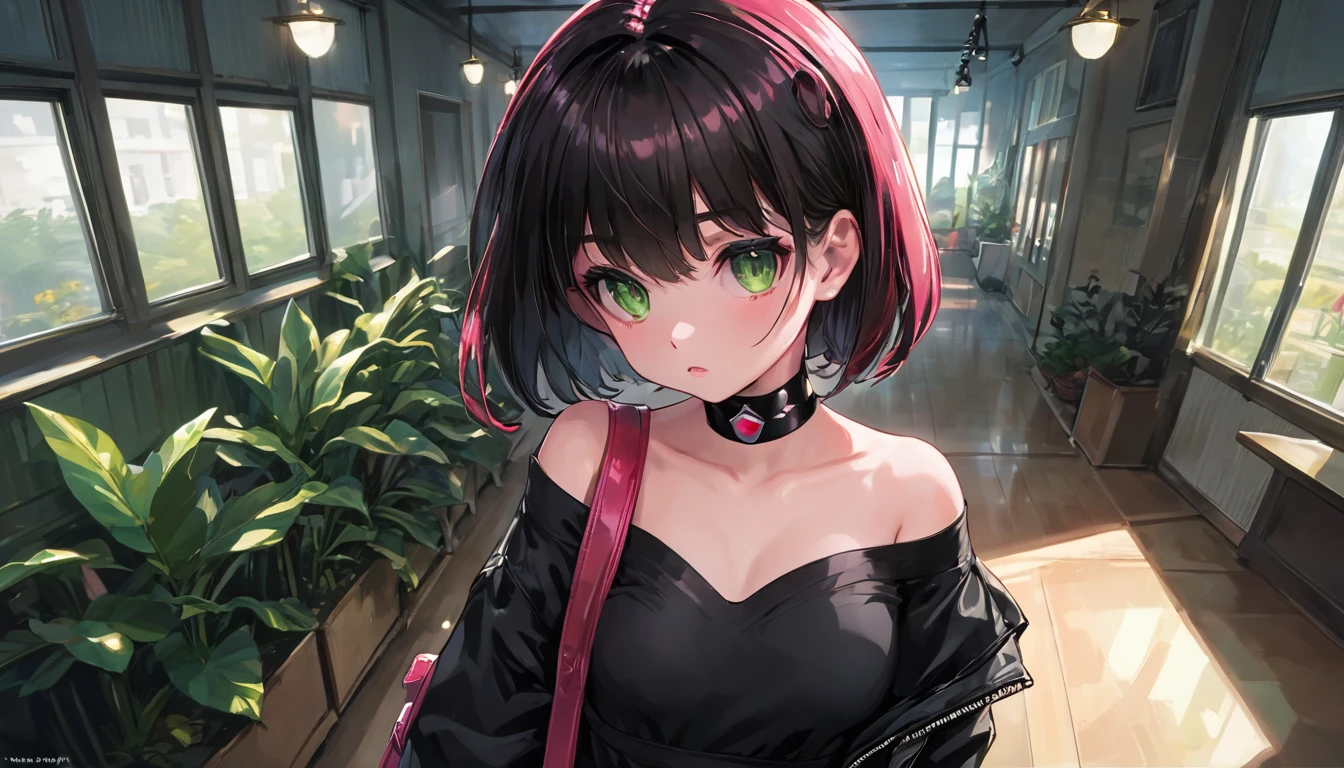beautiful, masterpiece, highest quality, Highly detailed face, Perfect lighting, One girl, alone, sketch, Marnie (Pokemon), Green Eyes, Asymmetrical bangs, Backpack, bag, black choker, black Jacket, Blurred, Blurred background, choker, Mouth closed, dress, From behind, indoor, Jacket, Long sleeve, View Viewer, Recall, Off the shoulder, pink dress, red bag, alone