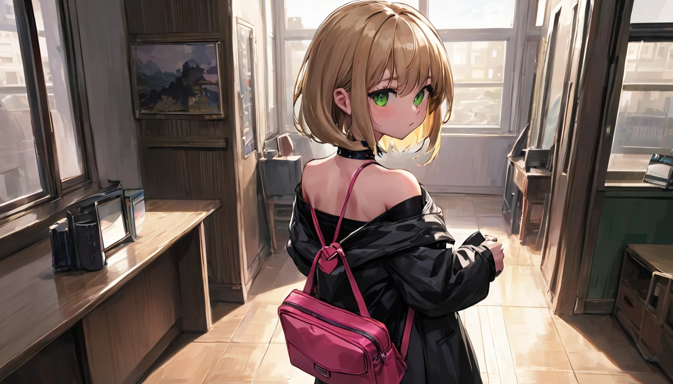 beautiful, masterpiece, highest quality, Highly detailed face, Perfect lighting, One girl, alone, sketch, Marnie (Pokemon), Green Eyes, Asymmetrical bangs, Backpack, bag, black choker, black Jacket, Blurred, Blurred background, choker, Mouth closed, dress, From behind, indoor, Jacket, Long sleeve, View Viewer, Recall, Off the shoulder, pink dress, red bag, alone