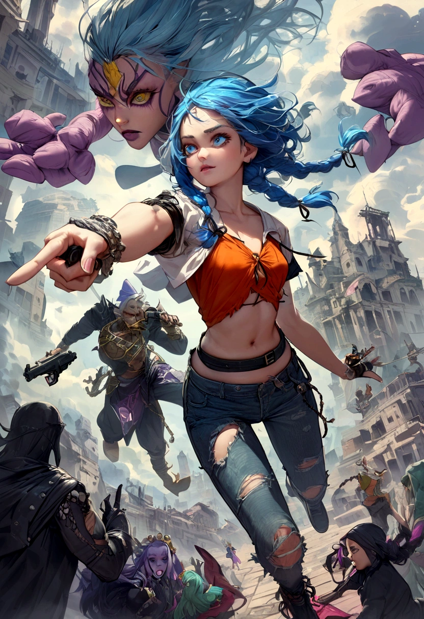 Blue hair Jinx with braids,olhos vermelhos,is tied up with a pistol pointing forward,She is wearing ripped pants and a short blouse with details.,she's in the world in chaos