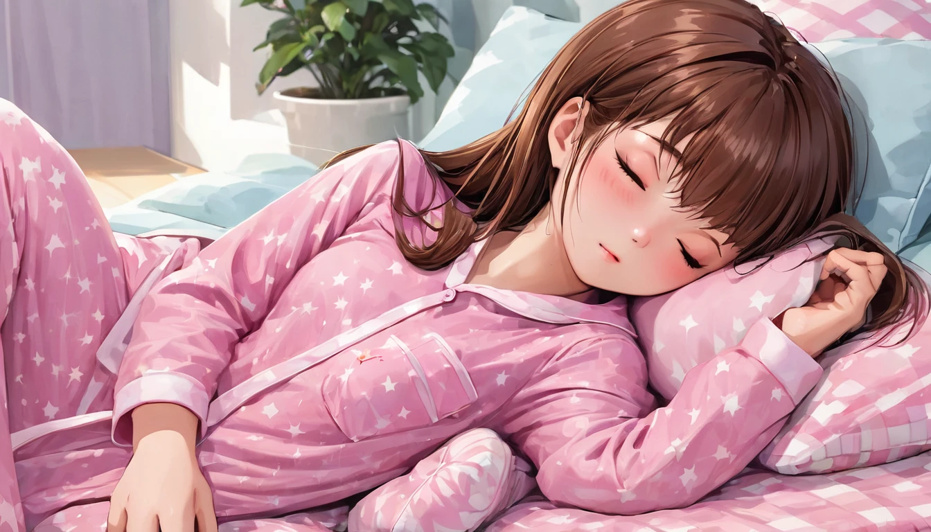 Sleeping girl, 22 years old, Realistic, She is wearing pink long pajamas., Brown Hair.