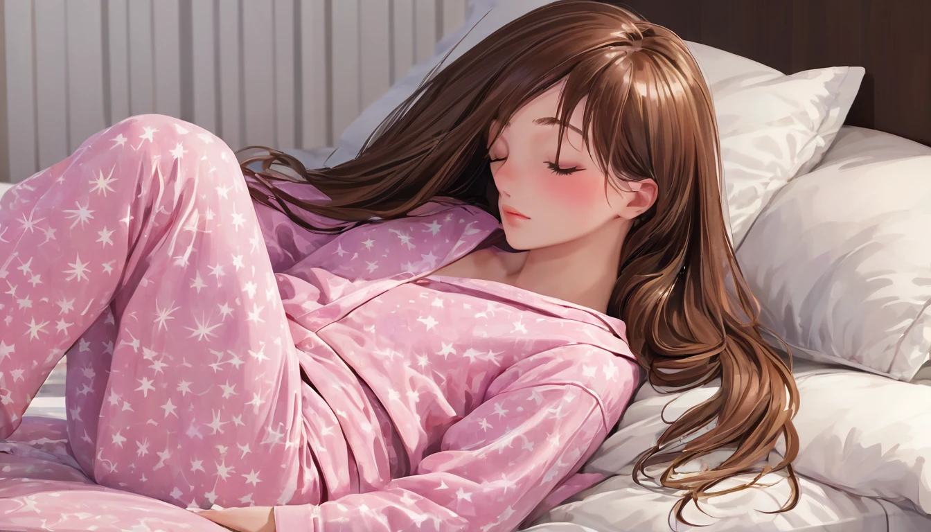 Sleeping girl, 22 years old, Realistic, She is wearing pink long pajamas., Brown Hair.