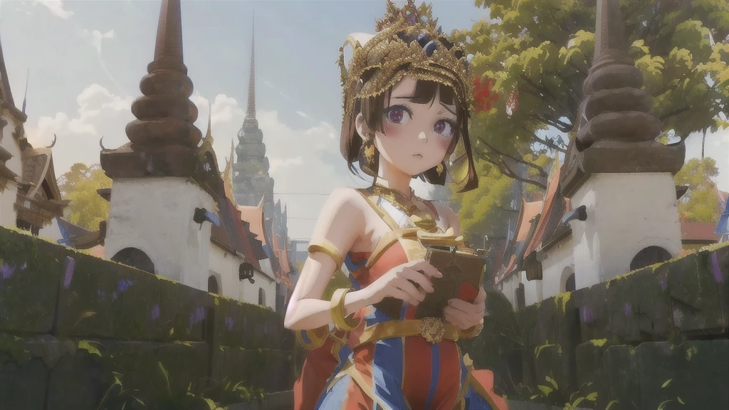 An anime girl in a brown dress and crown stands in front of the castle., artwork in the style of Guvez, Thai anime girl, Guvez, art germ and any Thailand, Guvez on art station pixie, Guvez on pixiv artstation, 2. 5d cgi anime fantasy artwork, Guvez masterpiece Pomni in Thai dress and The background is a Thai temple