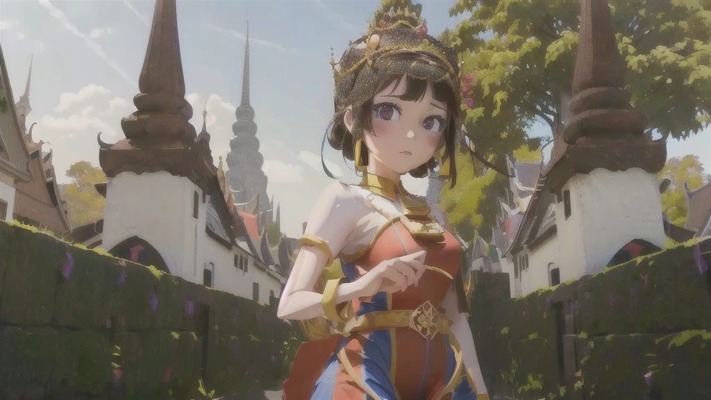 An anime girl in a brown dress and crown stands in front of the castle., artwork in the style of Guvez, Thai anime girl, Guvez, art germ and any Thailand, Guvez on art station pixie, Guvez on pixiv artstation, 2. 5d cgi anime fantasy artwork, Guvez masterpiece Pomni in Thai dress and The background is a Thai temple