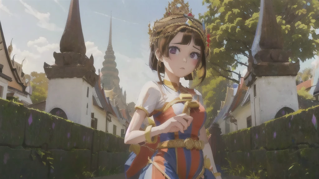 An anime girl in a brown dress and crown stands in front of the castle., artwork in the style of Guvez, Thai anime girl, Guvez, art germ and any Thailand, Guvez on art station pixie, Guvez on pixiv artstation, 2. 5d cgi anime fantasy artwork, Guvez masterpiece Pomni in Thai dress and The background is a Thai temple