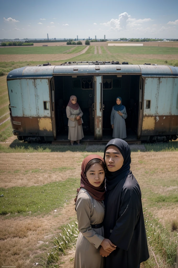 ultrawide shoot photography, a Korean man with curly hair stands with a woman wearing a hijab, they are seen enjoying the calm breeze in a field with tall grass, behind you can see an abandoned train carriage from a distance, professional photography, wearing ... ... .......interesting compositions, photo shoots, promo shots, illusions, long shots, faces facing the camera
