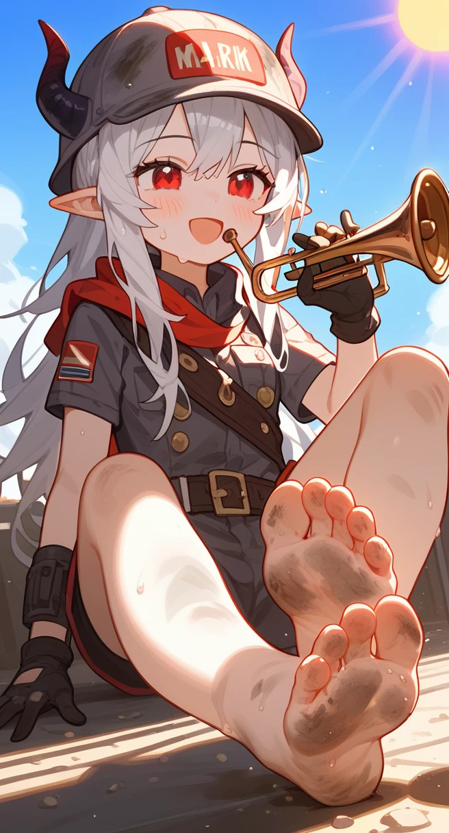 Fraction_9,Fraction_8_Direction_7_up,1 Girl,Mudstone (Ark of Tomorrow),dirty,foot,Black tights，Gloves,helmet,trumpet,Sole,Red Eyes,赤foot,Pointed ears,breast,Solitary,Long hair,White hair,black Gloves,foot趾,cap,foot部焦点,Looking at the audience,sit,Sweat,Open your mouth,dirty foot,Keep,outdoor,sky空,Bangs,Oral disease damage (Ark of Tomorrow),sky,Smile,blush,demon trumpet,Infection monitors (Ark of Tomorrow),shorten,sun,