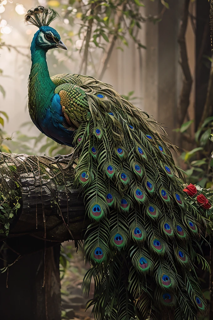 peacock sitting in jungle , background is autumn season in golden hour , full of colorful flowers , mist , haze , background with various color of ((roses and other flowers)) , strong bokeh,