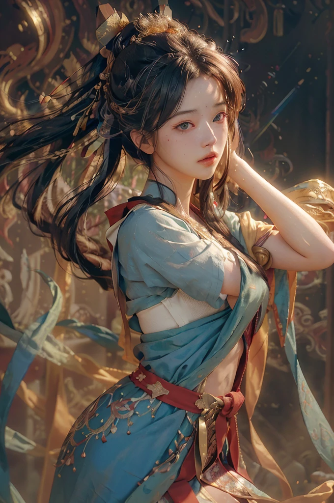 (RAW photo, best quality), (realistic, photo-realistic:1.3),best quality,highly detailed,masterpiece,ultra-detailed,illustration,1girl,upper_body,dynamic angle,world masterpiece theater,messy_long_hair,best quality,extremely detailed CG unity 8k wallpaper,ink,Amazing,cinematic lighting,lens_flare, dunhuang_style