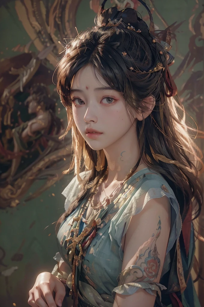 (RAW photo, best quality), (realistic, photo-realistic:1.3),best quality,highly detailed,masterpiece,ultra-detailed,illustration,1girl,upper_body,dynamic angle,world masterpiece theater,messy_long_hair,best quality,extremely detailed CG unity 8k wallpaper,ink,Amazing,cinematic lighting,lens_flare, dunhuang_style