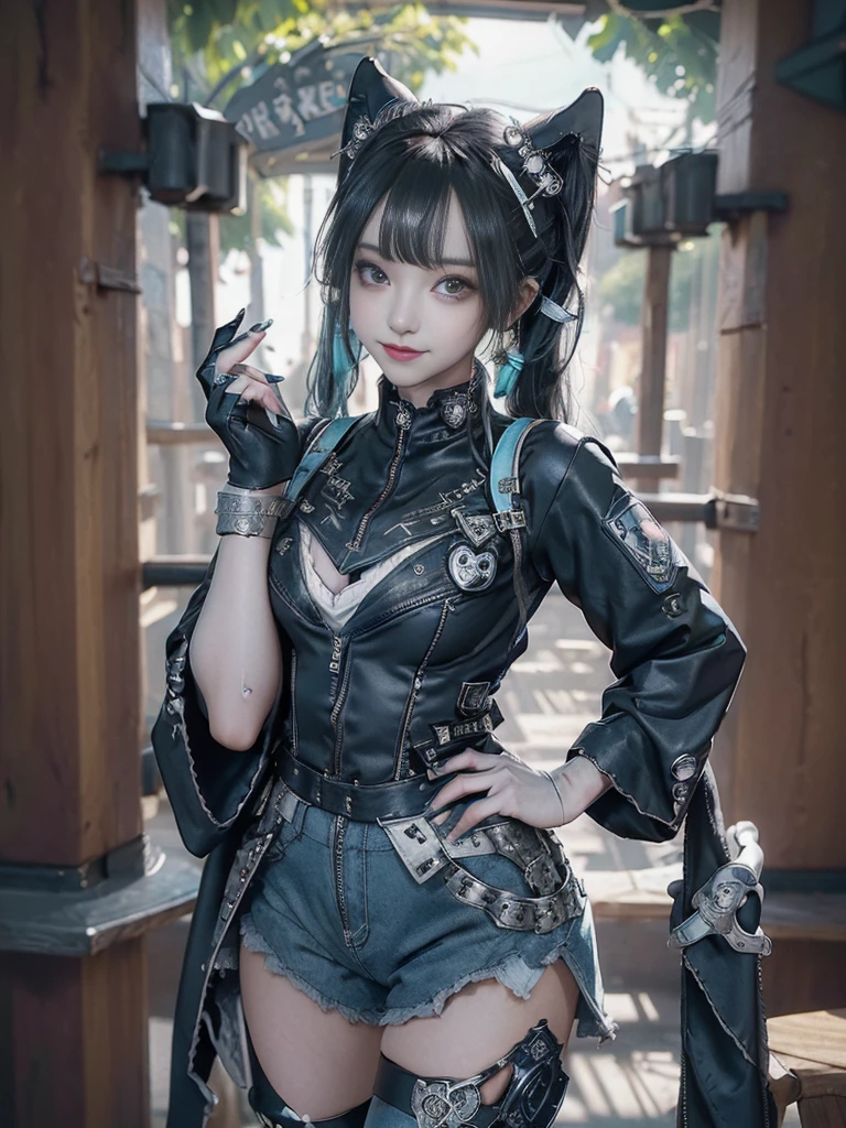 (Full body view:1.4)、(Full Body View:1.4)、(Side view:1.1)、(Smiling with teeth showing:1.3),(Shibuya Gal:1.5)、(Maid café clerk:1.5)、(Punk RockVisual Kei:1.4)、(Turquoise, navy and denim medieval noble zip up:1.5)、(Navy and white arm covers and bugle pants:1.5)、(Blue high heels:1.3)、(Wearing silver accessories:1.5)、(Dark brown collar:1.4)、(Leather garter belt:1.4)、(Brown Skin Belt:1.3)、(headgear:1.3)、(Black lace underwear:1.5)、20-year-old、NSFW、((highest quality、In 8K、masterpiece:1.3))、Sharp focus:1.2、(Layered Cut、Huge boobs:1.1),Beautiful woman with perfect figure:1.4、(Doing an aerobics pose:1.3)、Slender Abs:1.2、Highly detailed face and skin texture、Detailed eyes、double eyelid,(Twin tails:1.3)、(Black Hair:1.3)、Gravure idol、(A fairytale-like cafe with a lush tree background:1.3)、(Slim body:1.3),(Make your legs thinner:1.4),(Thin, thin thighs:1.3)、（clavicle:1.1）